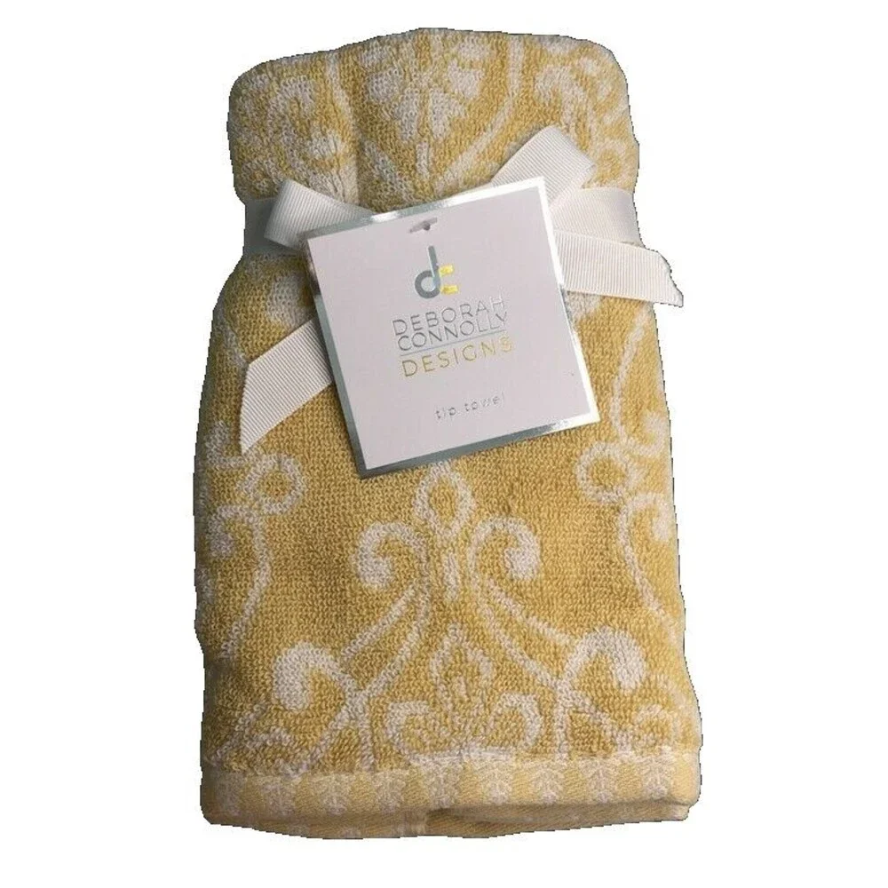 Deborah Connolly Fingertip Towels Bathroom Yellow White Fleur de Lis Set of 2